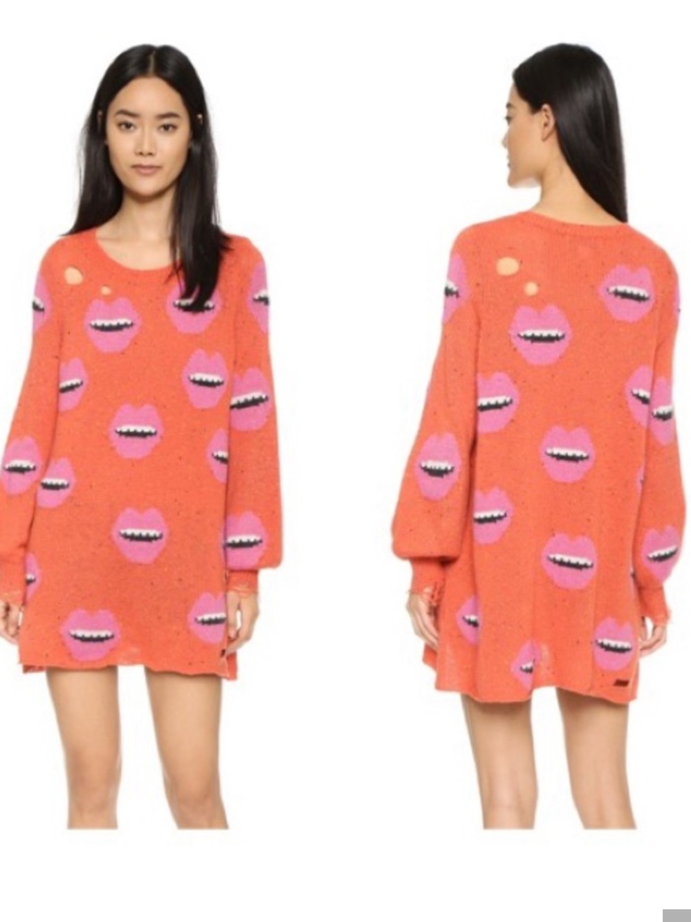 Wildfox Motermouth Sunday Sweater Mini Dress Tunic Distress Orange Womens Medium